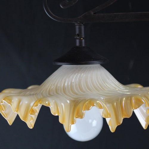 Vintage Hanging Wrought shops Iron Ceiling Fixture Two Lights Glass Shades