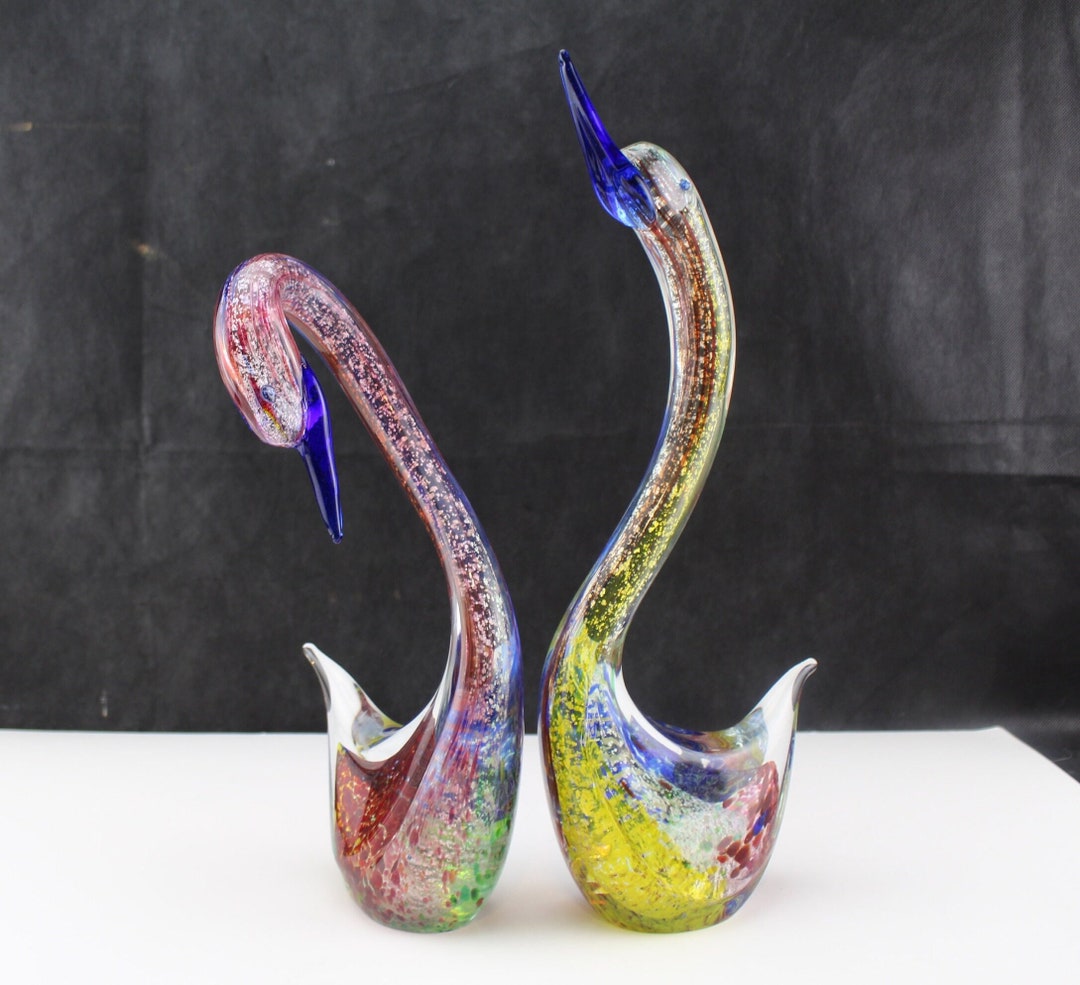 Murano Glass Figurine Swans/birds-zane Silver Flecks-signed