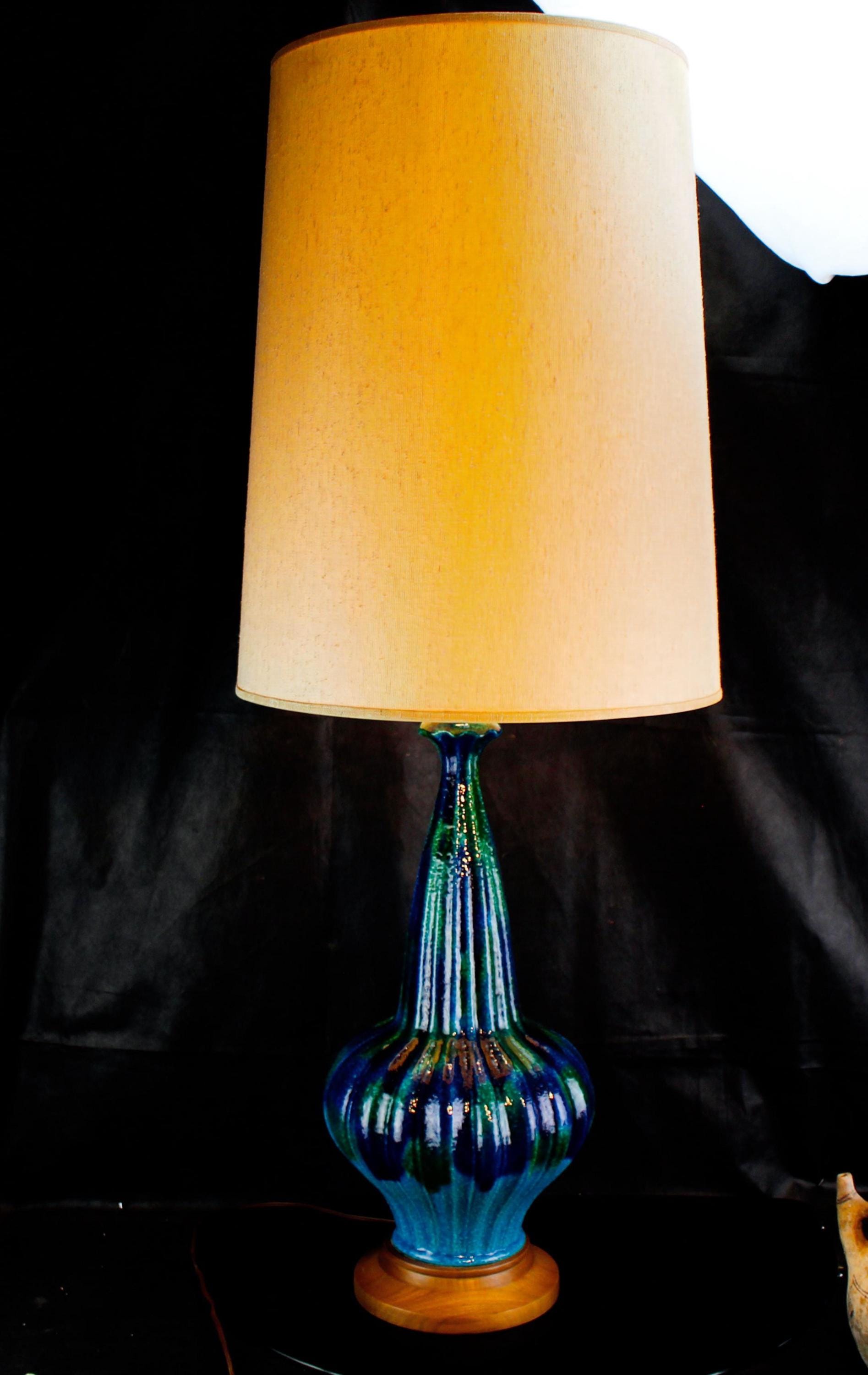 MCM Ceramic Genie Bottle Lamp: Blue Green Drip Glaze, Mid-century