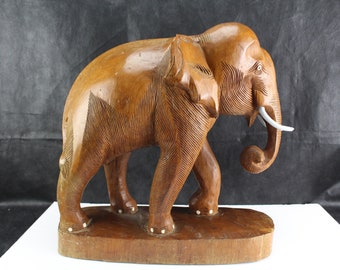 16" Carved Hardwood African Elephant Figurine-Animals Collectible Home Decor