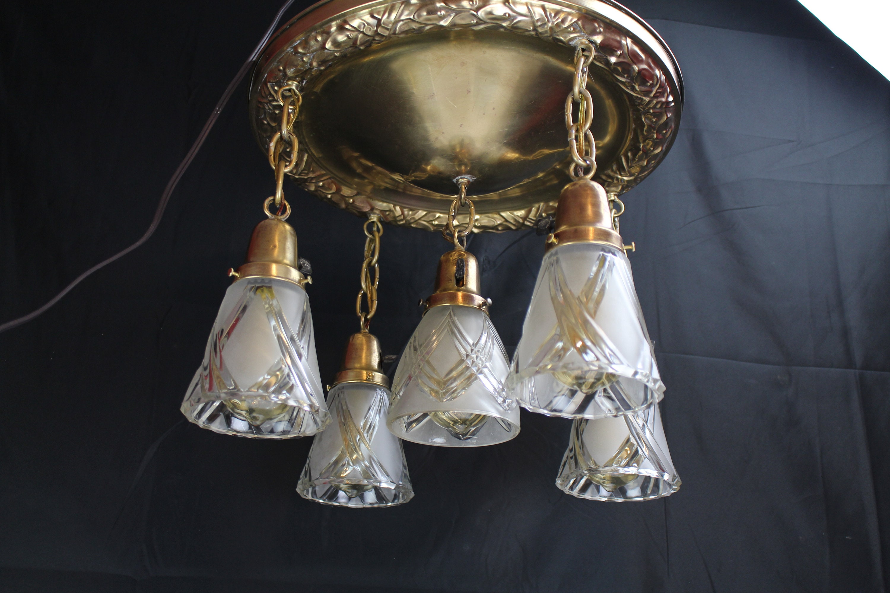 Antique Classic Revival Brass Bowl Chandelier 5 Hanging Lights Etsy