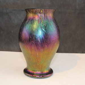 Loetz Style Art Glass Vase: Antique Iridescent Green Overlay, c1900