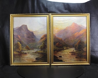 Pair of Vintage Framed Scottish Highland Landscape Prints | River, Angler & Cattle