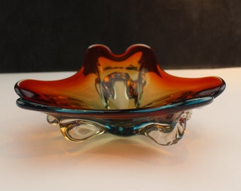 Murano Glass Bowl Blue Red and Clear 10" Across Mid Century Decor-Collectible interior home design decor