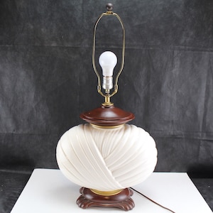 Vintage Royal Heager Pottery Table Lamp White with Wood Accents-Interior Home Lighting and Decor