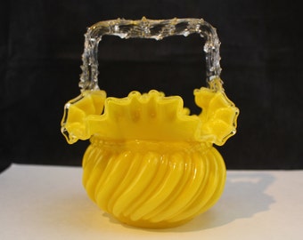 Antique Glossy Yellow Glass Thorn Handle English Victorian Posy Basket-Collectible interior design home decor