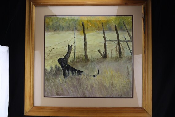 Vintage Watercolor Painting Black Lab Barb Wire Fence Hunting Etsy