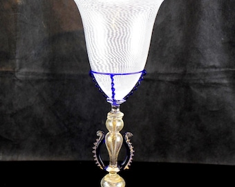 Murano Glass Trionfo Style Lyre Stem Drinking Glass Spiral Filigree Cobalt Accents