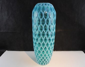 Tall Peacock Blue Optic Opalescent Diamond Pattern Vase 16.5 inches-Collectible Interior Home Decor