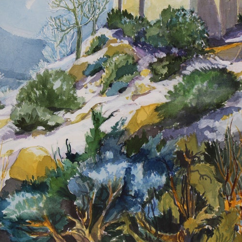 Vintage Watercolor shops Painting Landscape Church