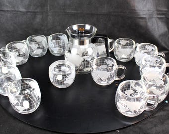 Vintage Nestle Frosted Glass Globe Irish Coffee Set 1970s World Map Punch Set
