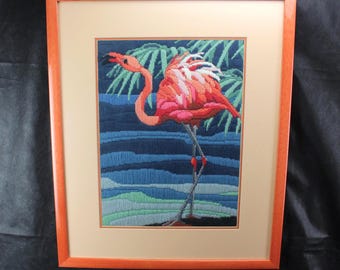 Vintage Pink Flamingo Longstitch Needlepoint | Custom Framed & Matted under Glass
