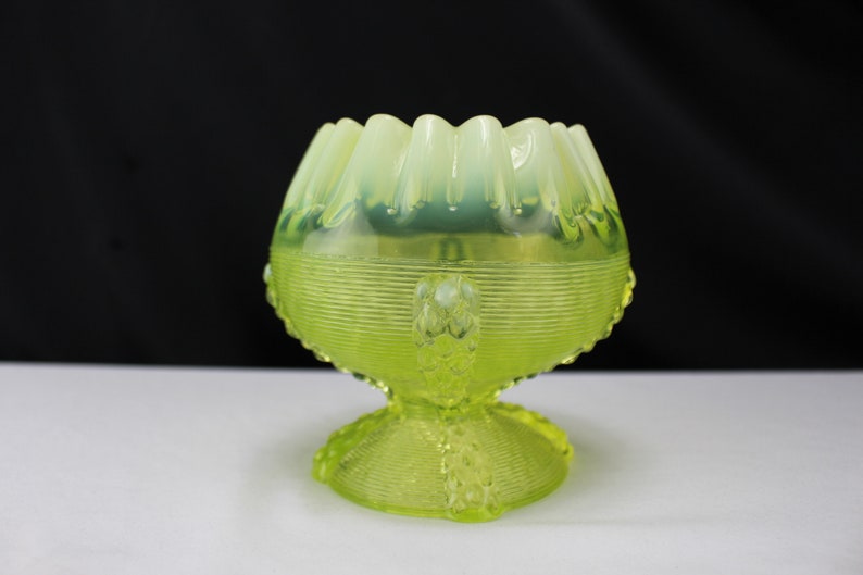 Antique Northwood Glass Rose Bowl Vaseline Opalescent Klondyke Etsy