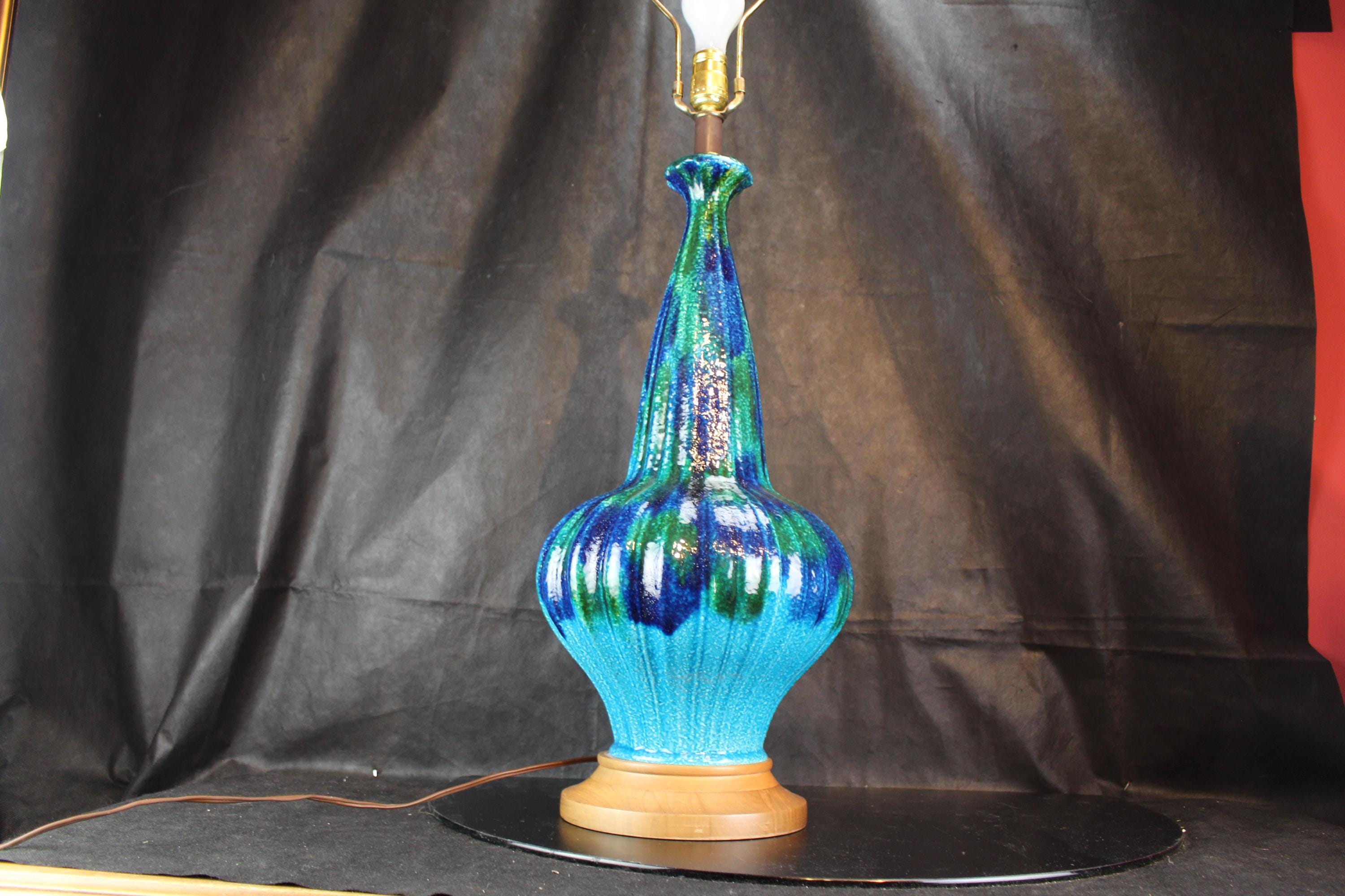 MCM Ceramic Genie Bottle Lamp: Blue Green Drip Glaze, Mid-century