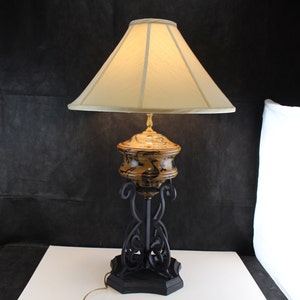 Table Lamp Jene's Collection Wrought Iron And Stoneware Hand Painted Peacock-Interior Home Lighting Decor