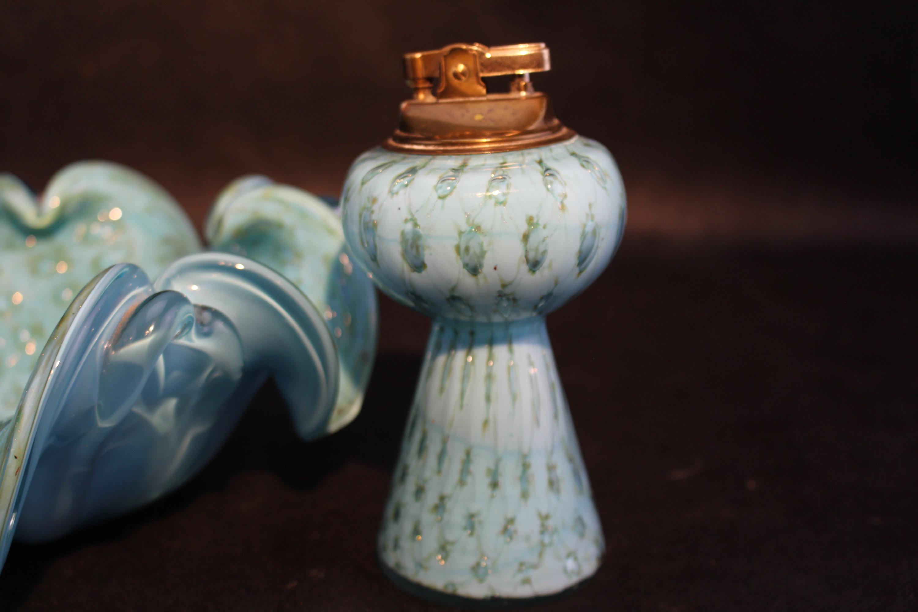 Murano Glass Table Alfredo Barbini Lighter and Ashtray Powder Blue