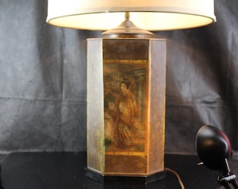 Vintage Asian Tea Canister Table Lamp | Chinoiserie Tin Litho Panels | 32" High