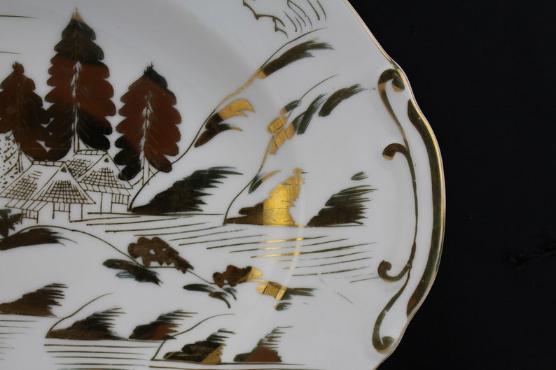 Vintage Porcelain Kutani China Mt Fuji Village Bridge 16 Metallic Silver Serving Platter Japan