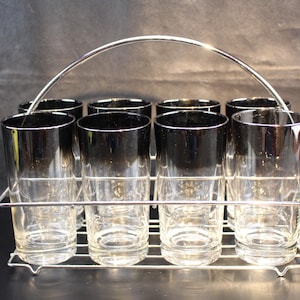 Glasses in Carrier Drink Set Dorothy Thorpe Cocktail Set Barware Glassware Mid Century Modern