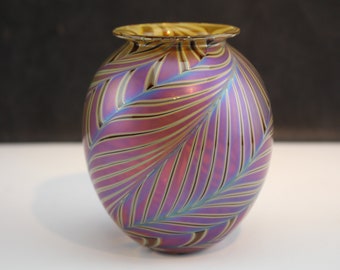 Art Glass Vase Purple and Blue Puller Feather Craig Zweifel Studio Iridized Amber Overlay Signed 2004-Interior home decor