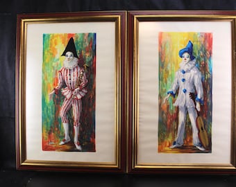 Pair of Vintage Lasalle Original Watercolor Paintings | Pierrot & Harlequin Musicians | Mid-Century
