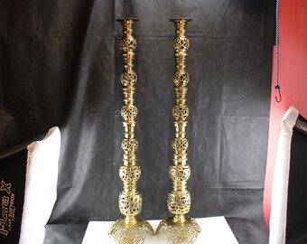 Pair Solid Brass Candle Holders Pilar Type 39" Tall Asian/Oriental Motif Lotus Flowers Pierced Open Work-Interior Design Home Decor