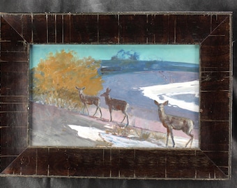 Original Oil Painting | Mule Deer at Dusk in Winter Landscape | Signed "Chaz" | Framed