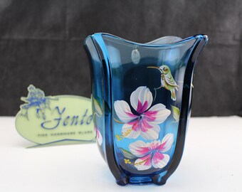 Fenton Art Glass Vase Indigo Blue Hand Painted Hummingbird and Flowers-Collectible interior home decor