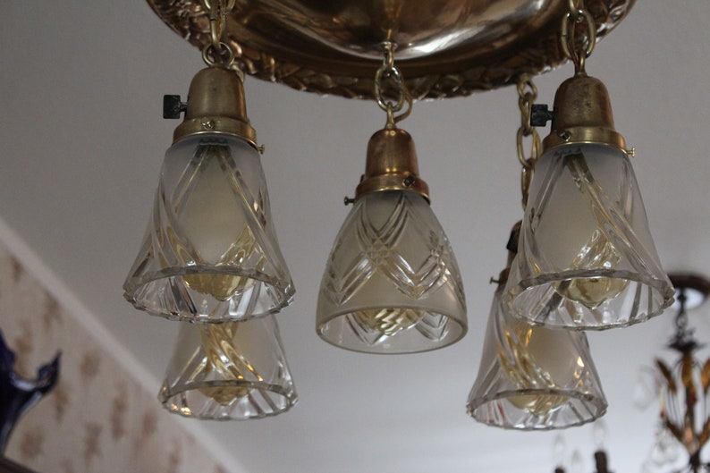 Antique Classic Revival Brass Bowl Chandelier 5 Hanging Lights Etsy