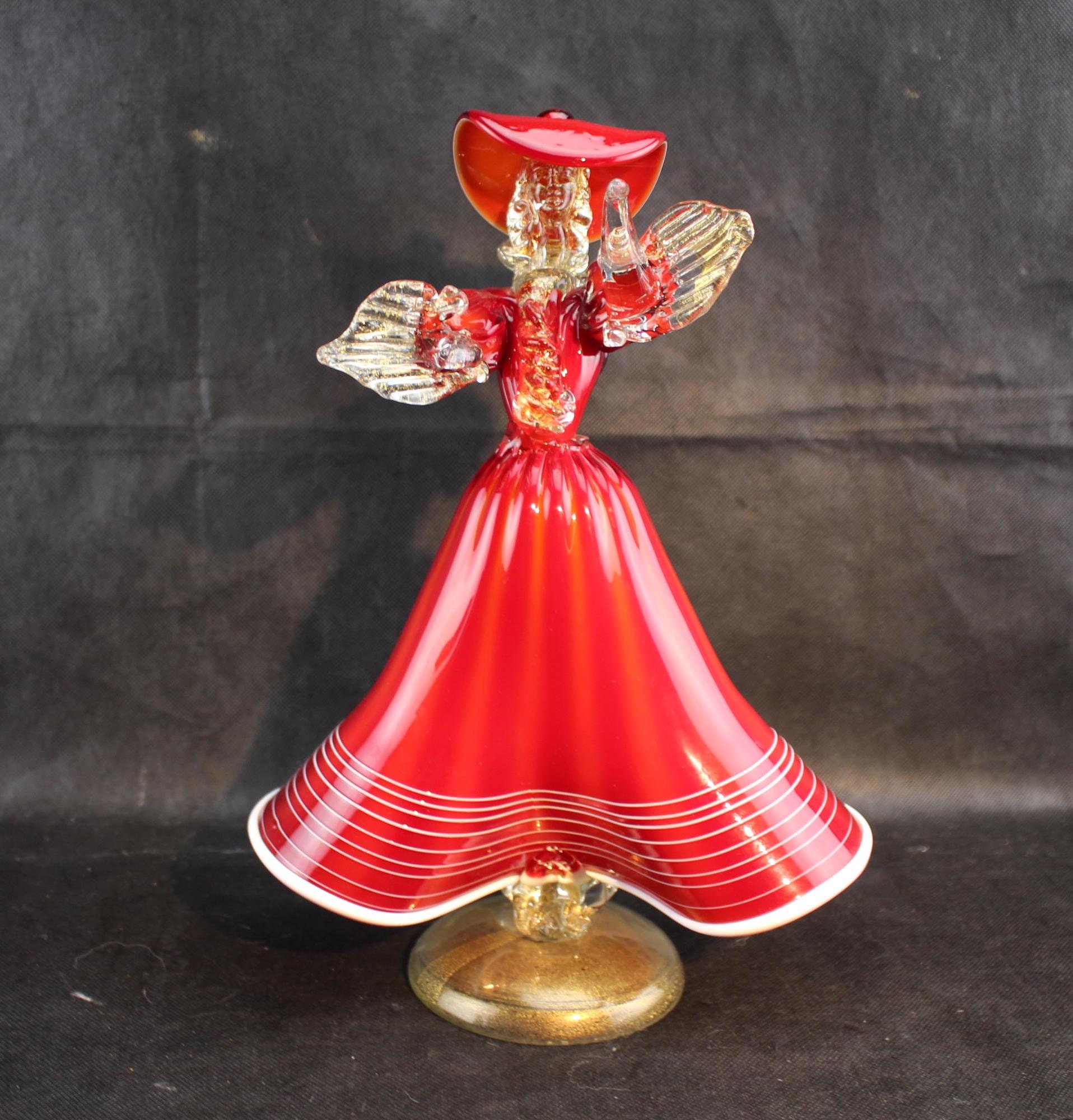 Murano Dancing Woman Figurine: Uranium Glass, Gold Flecks, Red