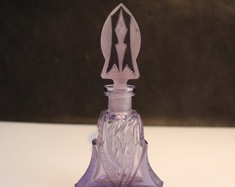 Purple Cut Crystal Czech Art Deco Perfume Bottle With Stopper-Collectible Dressing Table Decor