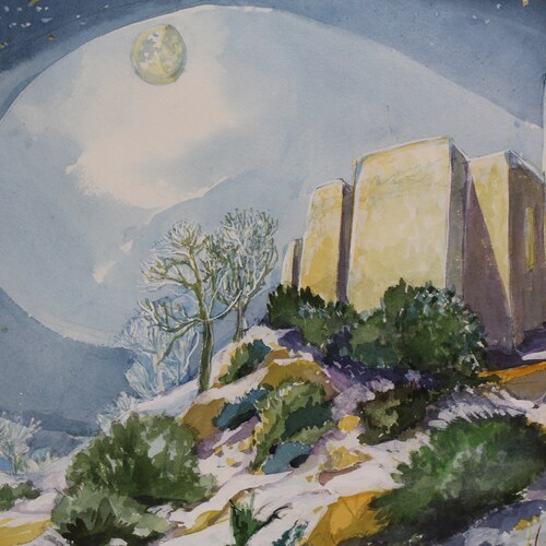 Vintage Watercolor shops Painting Landscape Church
