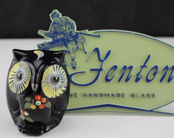 Fenton Art Glass Glossy Black Hand Painted S Miller 5168 3" Owl Paperweight Figurine Collectible Home Decor