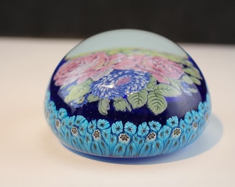 Murano Glass Paperweight Blue and Pink Floral Magnum-Collectible office desk home decor