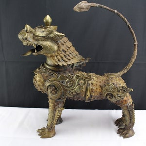 Antique Circa 1890 Tibetan Kylin Bronze Statue,Brass, Foo Dogs Temple Guardian