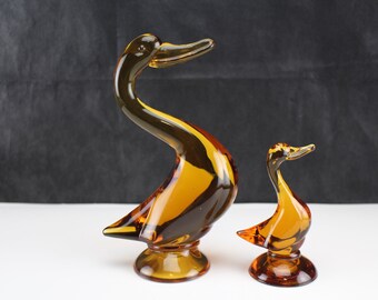 Viking Glass Amber Duck Figurines Pair-Interior Home Decor Collectible