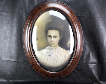 Antique Victorian Oval Convex Bubble Glass Frame | Faux Tiger Grain Wood Finish