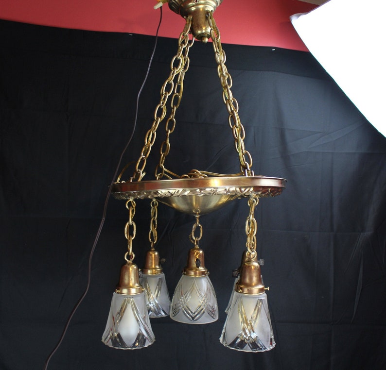 Antique Classic Revival Brass Bowl Chandelier 5 Hanging Lights Etsy