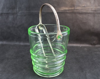 Padden City Uranium Green Ice Bucket With Handle and Tongs 1930's Depression Glass Barware Collectible Home Decor