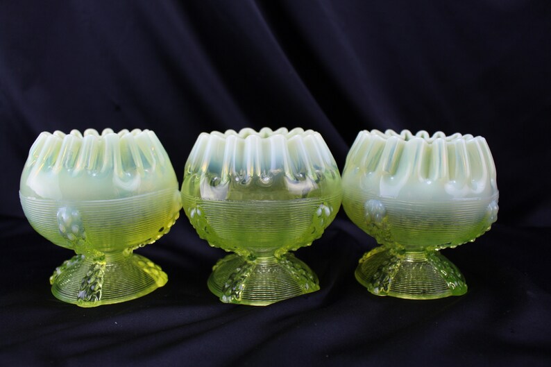 Antique Northwood Glass Rose Bowl Vaseline Opalescent Klondyke Etsy