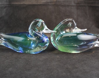 Pair V. Nason & C. Murano Glass Ducks, Art Glass, Clear, Blue, Green Uranium, Sculpture, Figurine, Handmade, Italy