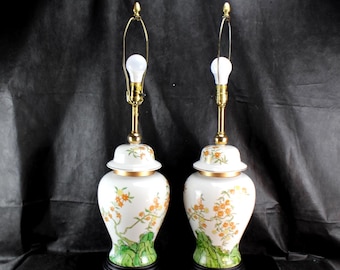 Pair of Vintage Marbro Lamp Co. Hand-Painted Porcelain Ginger Jar Table Lamps