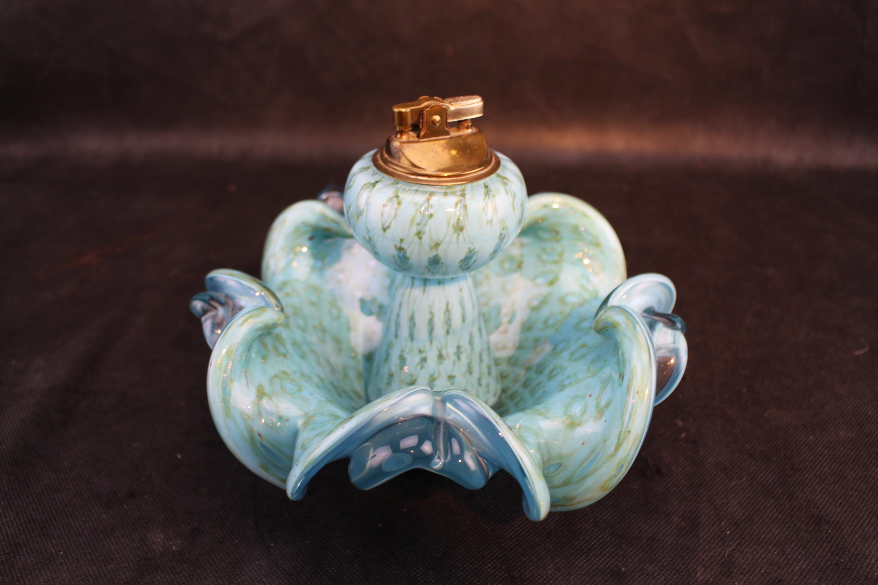 Murano Glass Table Alfredo Barbini Lighter and Ashtray Powder Blue