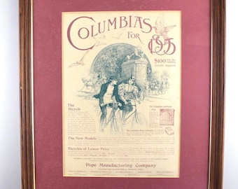 Antique Bicycle Advertisement-Columbia 1885 All Models 100 dollars Pope Mfg. Co.-Framed Wall Decor