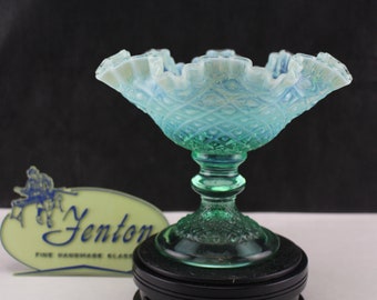 Fenton Glass Seafoam Green Opalescent Diamond Lace Footed Bowl-Collectible interior home decor