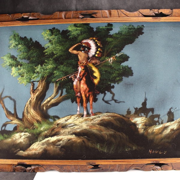 Oil Black Velvet Painting Native American Indian Chief Warrior Horse Signed MONSE  28" x 40"