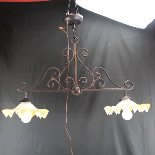 Vintage Hanging Wrought shops Iron Ceiling Fixture Two Lights Glass Shades