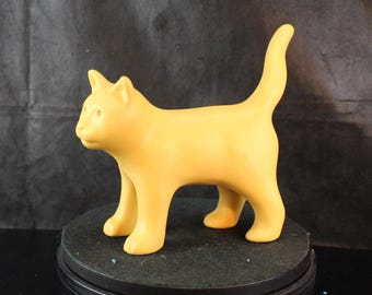 Minimalist Yellow Ceramic Cat Figurine 8" Matte Satin Glaze Statue Tail Up