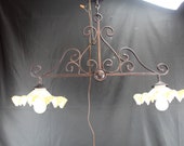 Vintage Hanging Wrought Iron Ceiling Fixture Two Lights Glass Shades
