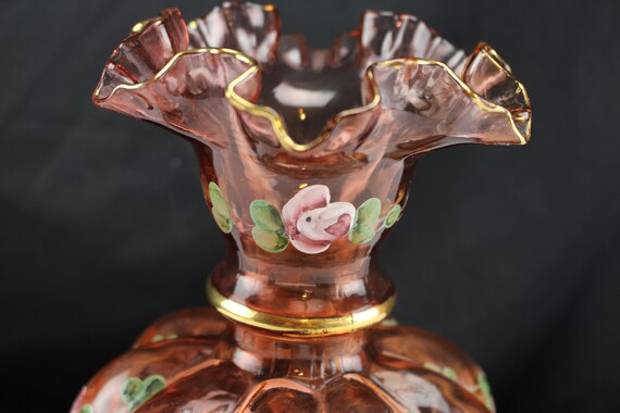 Vintage Fenton Art Glass Mellon Cranberrypink Vase Hand Decorated